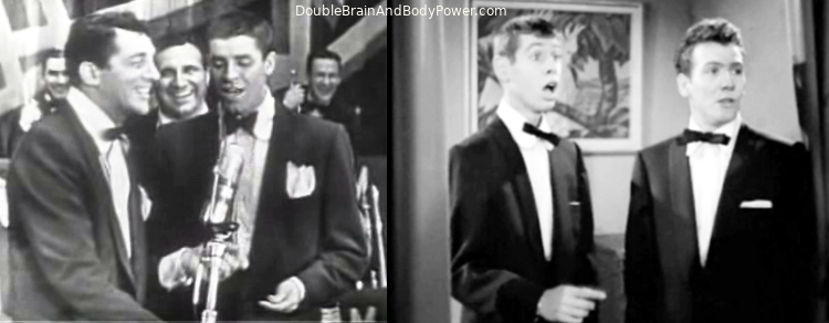 Picture of Dean Martin and Jerry Lewis on the left from 1951. Sammy Petrillo and Duke Mitchell are on the right from 1952. All are wearing tuxedos with bow ties.