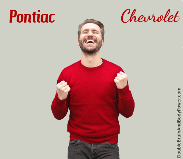 Image of a bearded man with eyes closed and smiling gleefully in success. He is wearing a dark red long sleeve top and standing between Pontiac and Chevrolet signs.