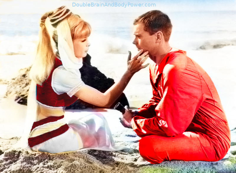 Picture of Barbara Eden as Jeannie and Larry Hagman as Tony Nelson the astronaut. They are seated across from each other on a sunny day on an island.