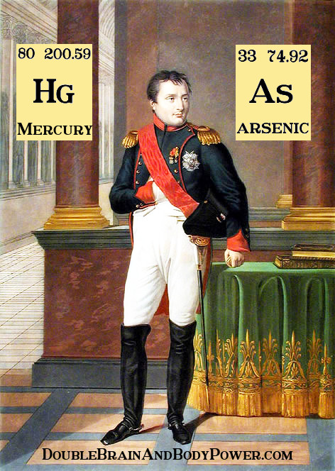 A painting of Napoleon Bonaparte in regalia wearing a black top,  gold epaulets, white pants, and tall black boots. He is trapped between the chemical symbol for mercury and arsenic.