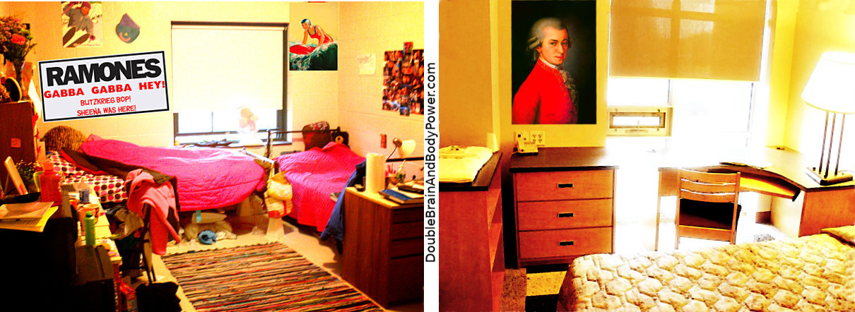 The image to the left shows a messy combined bedroom and study room. Clothes and items are strewn everywhere. A RAMONES music poster is on the wall that says GABBA GABBA HEY! The photo to the right shows the room as highly organized and clean. The RAMONES poster has been replaced with one of Wolfgang Amadeus Mozart