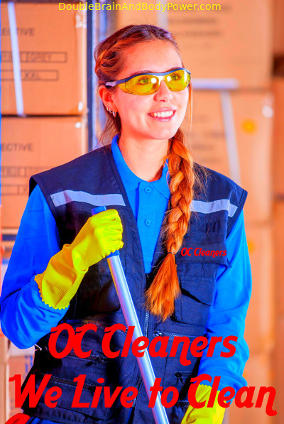 Picture of a smiling happy lady in an OC Cleaners outfit wearing yellow gloves, yellow eye protectors, and holding a mop handle