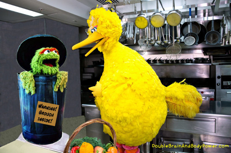 Image of Sesame Street characters Oscar the Grouch in his trash can looking up at Big Bird. They are in a kitchen.