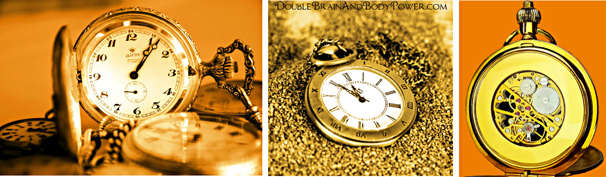 The left photo has a beautiful silver Swiss airin pocketwatch on a light bronze background. The center picture show a pocketwatch with Roman numerals in grey gritty sand. The right image is that of a pocketwatch with a see-through rear cover revealing the internal gears and mechanisms