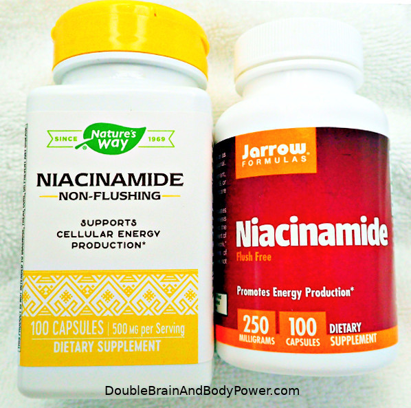 Two bottles of Niacinamide. On the left is the Nature's Way product, and to the right is Jarrow's.
