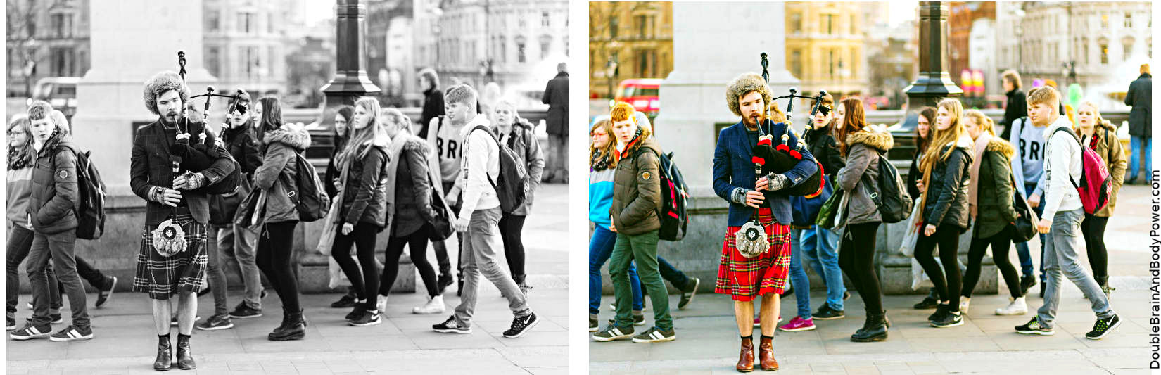 Two photos of the same scene. The first is in greyscale black and white, the second in full color. A man is in Scottish regalia playing bagpipes while onlookers pass by