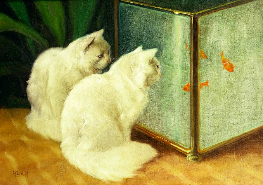 Painting of two beautiful white cats watching goldfish in a fishtank